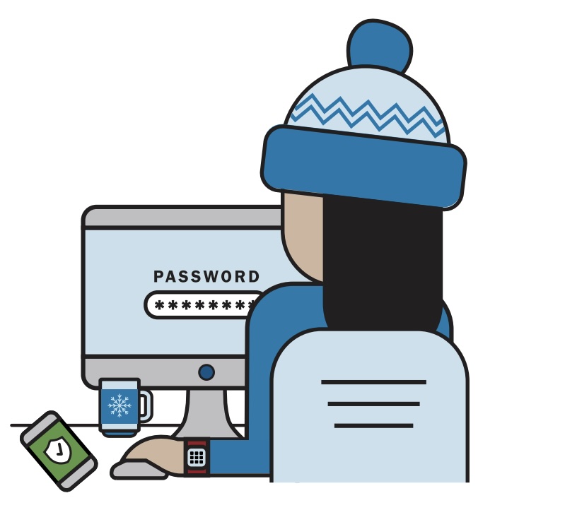 Graphic: Person in blue hat at computer entering password