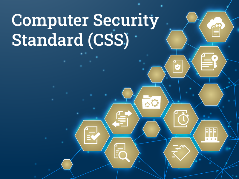 Computer Security Standard Graphic. Hexagons arranged in pattern with device and document icons.